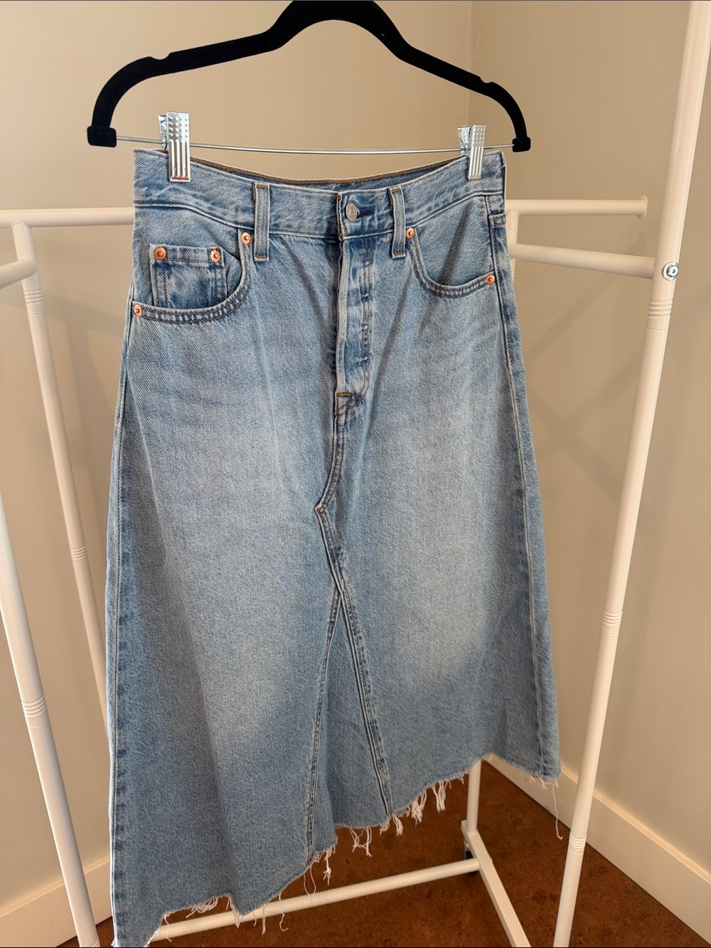 Levi's Light Blue Denim A-Line Midi with Frayed Hem